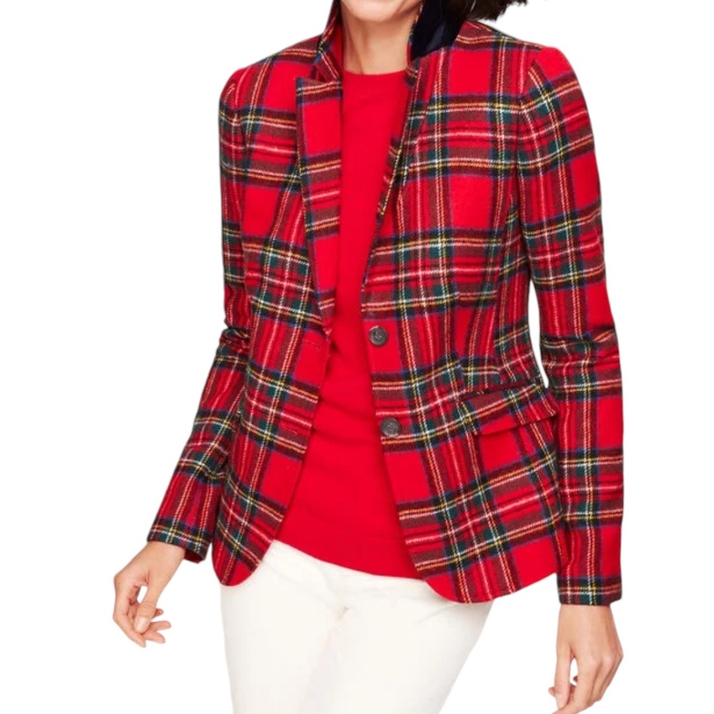 Talbots 4P Shetland Red Tartan Plaid Wool Blazer Holiday Christmas Winter 4 P